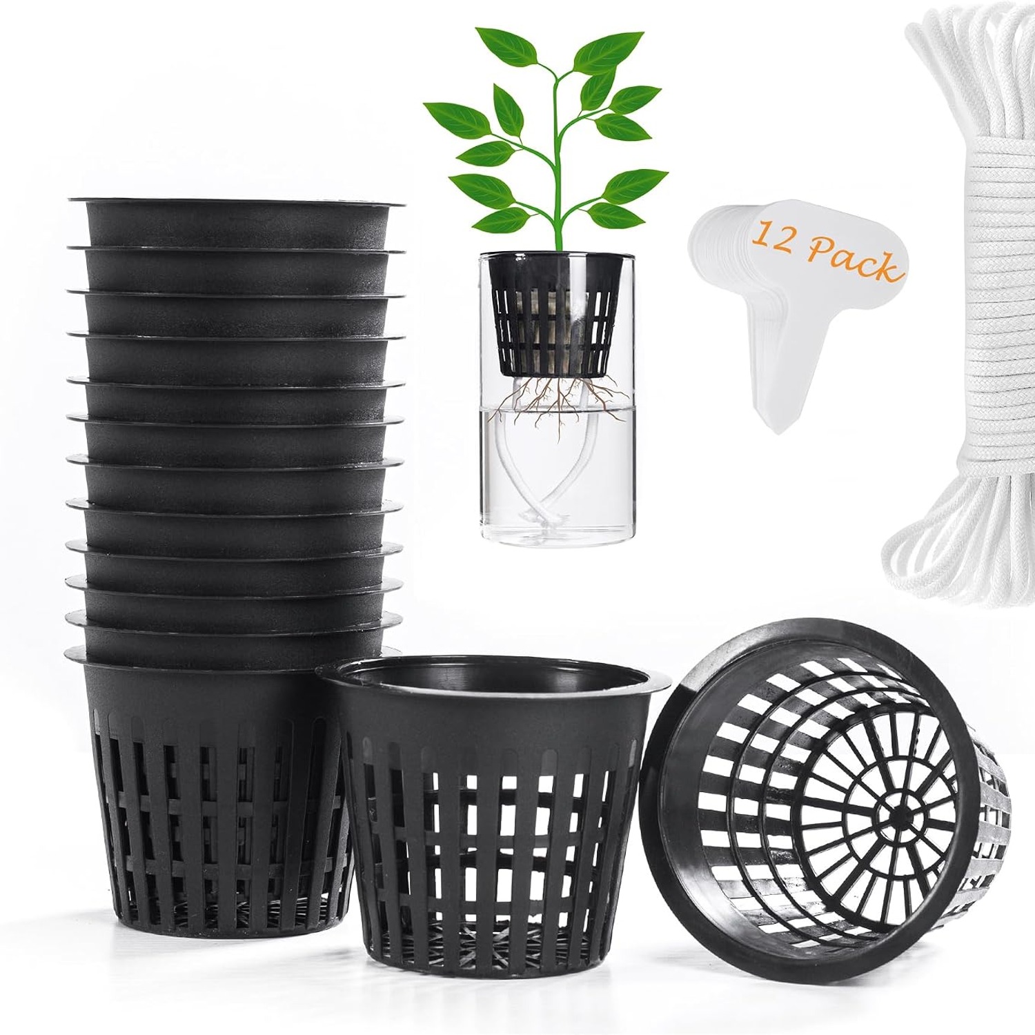 ORIMERC 3 Inch Net Cups 12 Pack with Self-Watering Wick and Plant Labels, a hydroponic growing system from Hydroponics Company
