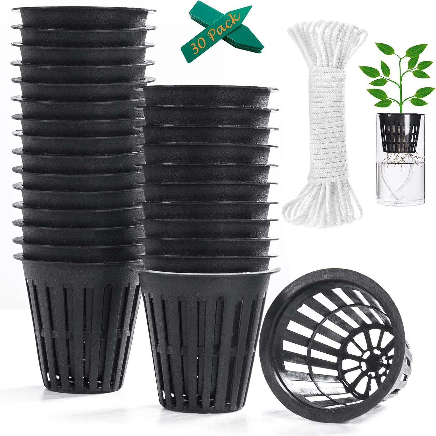 ORIMERC 3 Inch Net Cups 12 Pack with Self-Watering Wick and Plant Labels, detail view