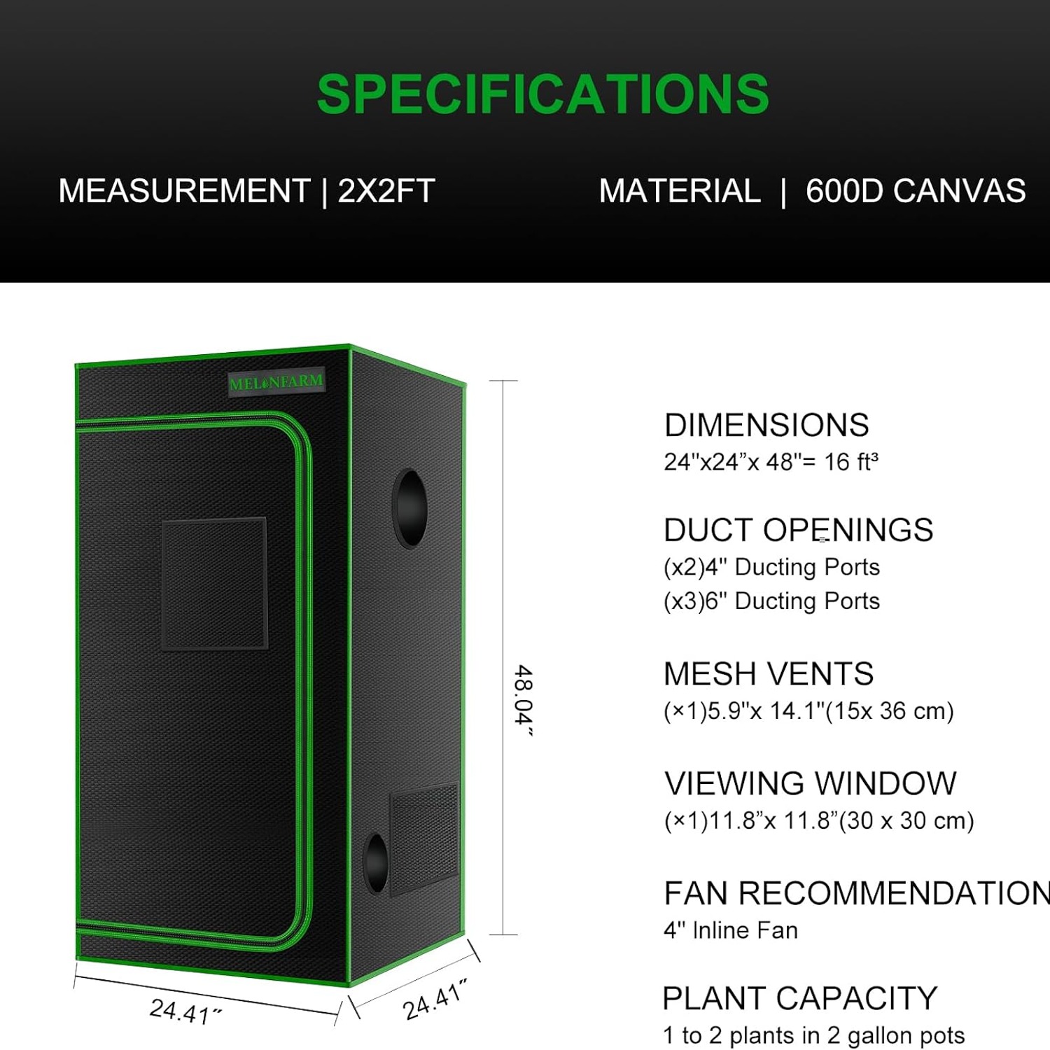 MELONFARM 2x2 Grow Tent 24x24x48 with Observation Window and Floor Tray: image 8