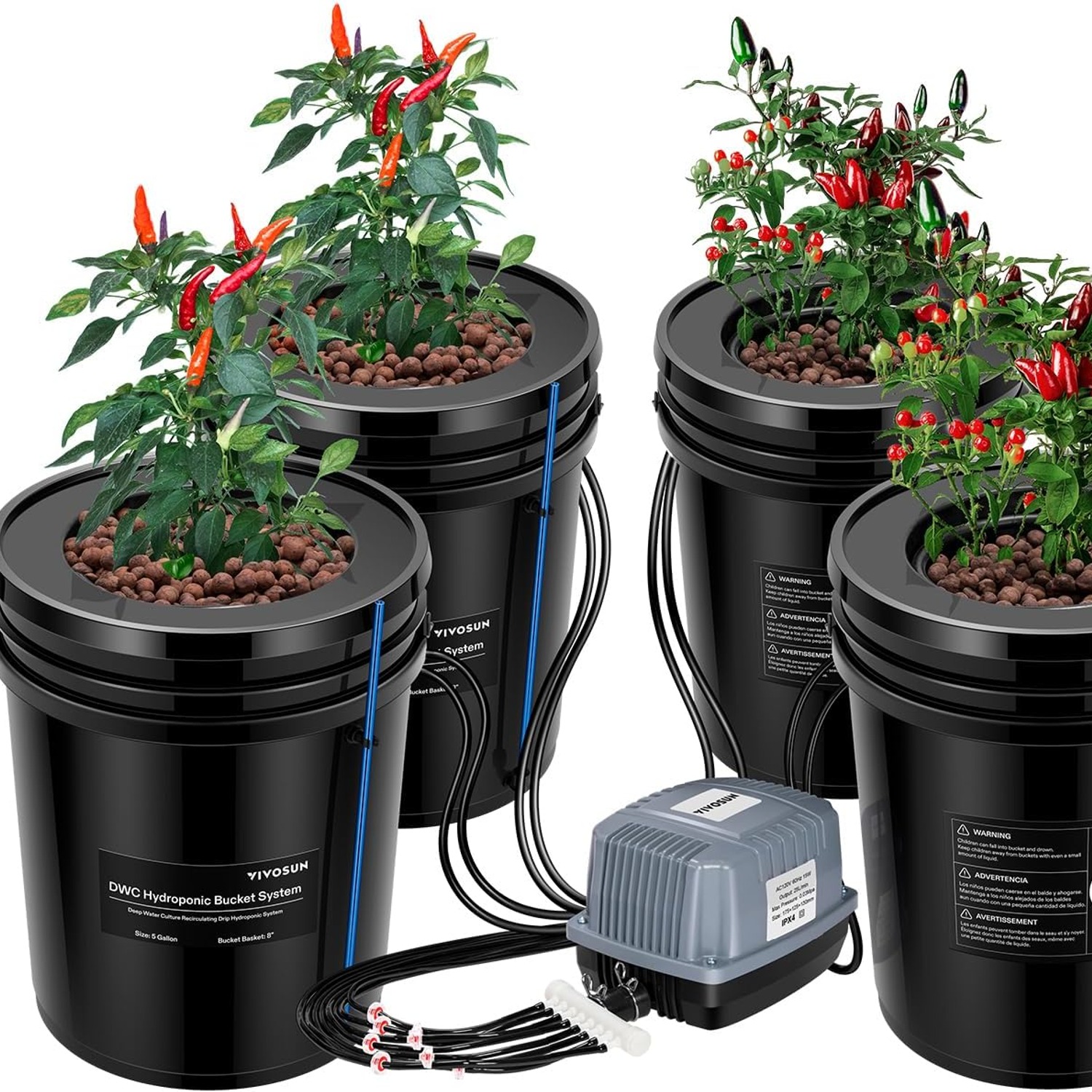 VIVOSUN DWC Hydroponics Grow System with Top Drip Kit, 4 Buckets